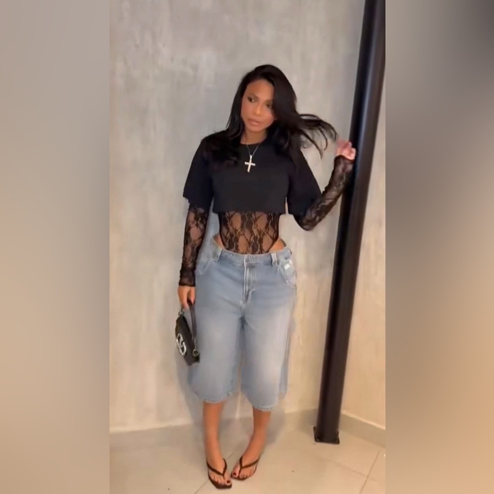Lace Long Sleeve Bodysuit with Crop Top - Picture 12 of 15